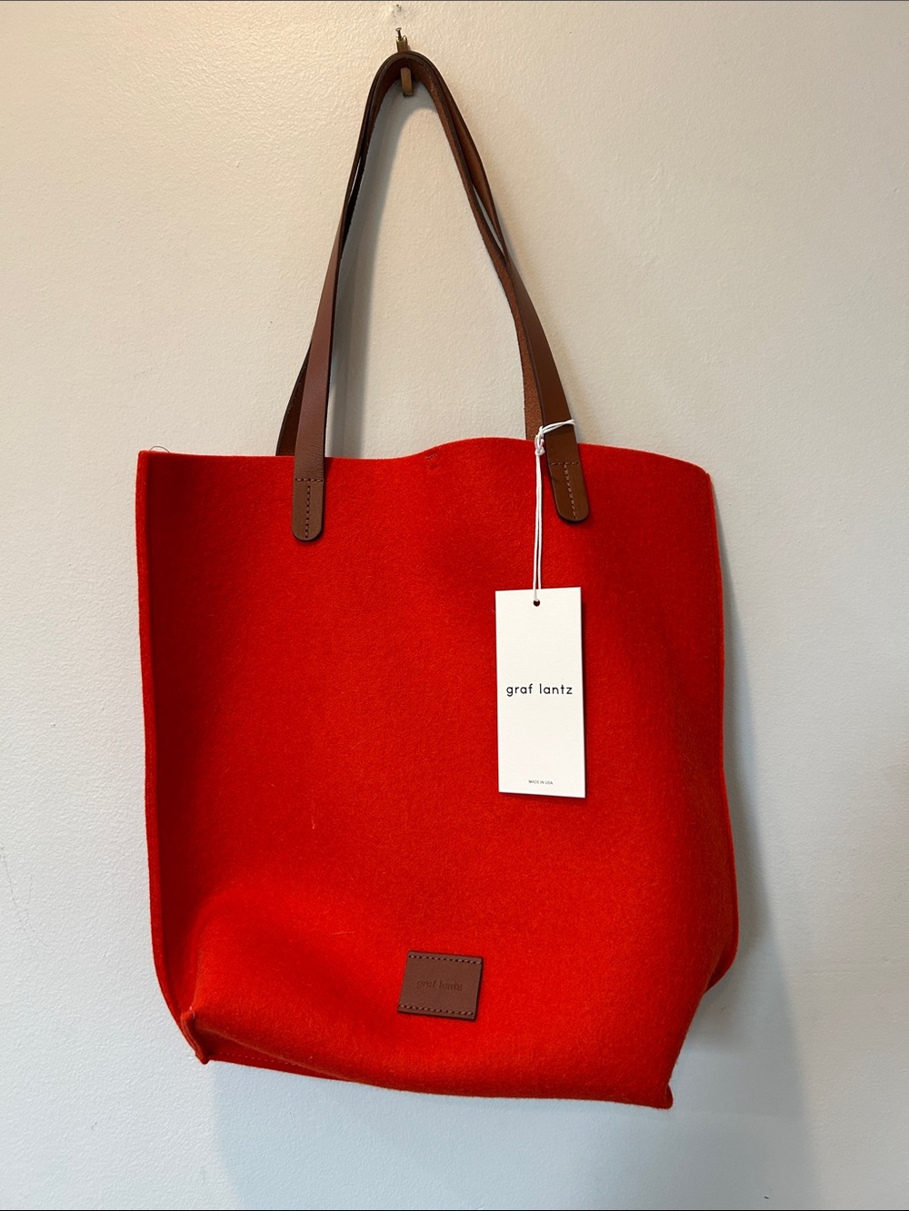 Graf Lantz Orange Merino Wool Tote with Brown Leather Handles 15X13 W/Dust Bag